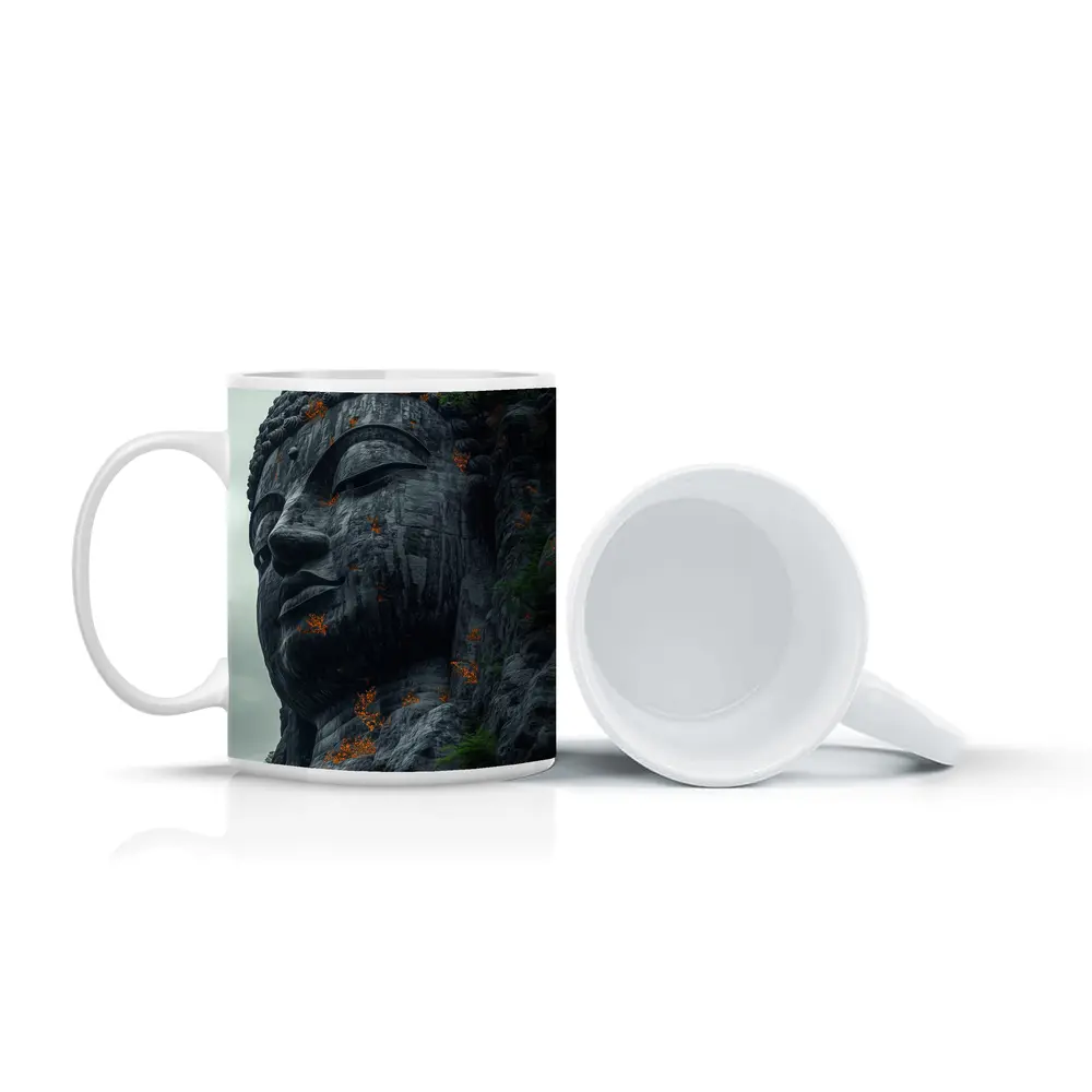 Ancient Buddha Rock Carving Overcast Sky – Mugs