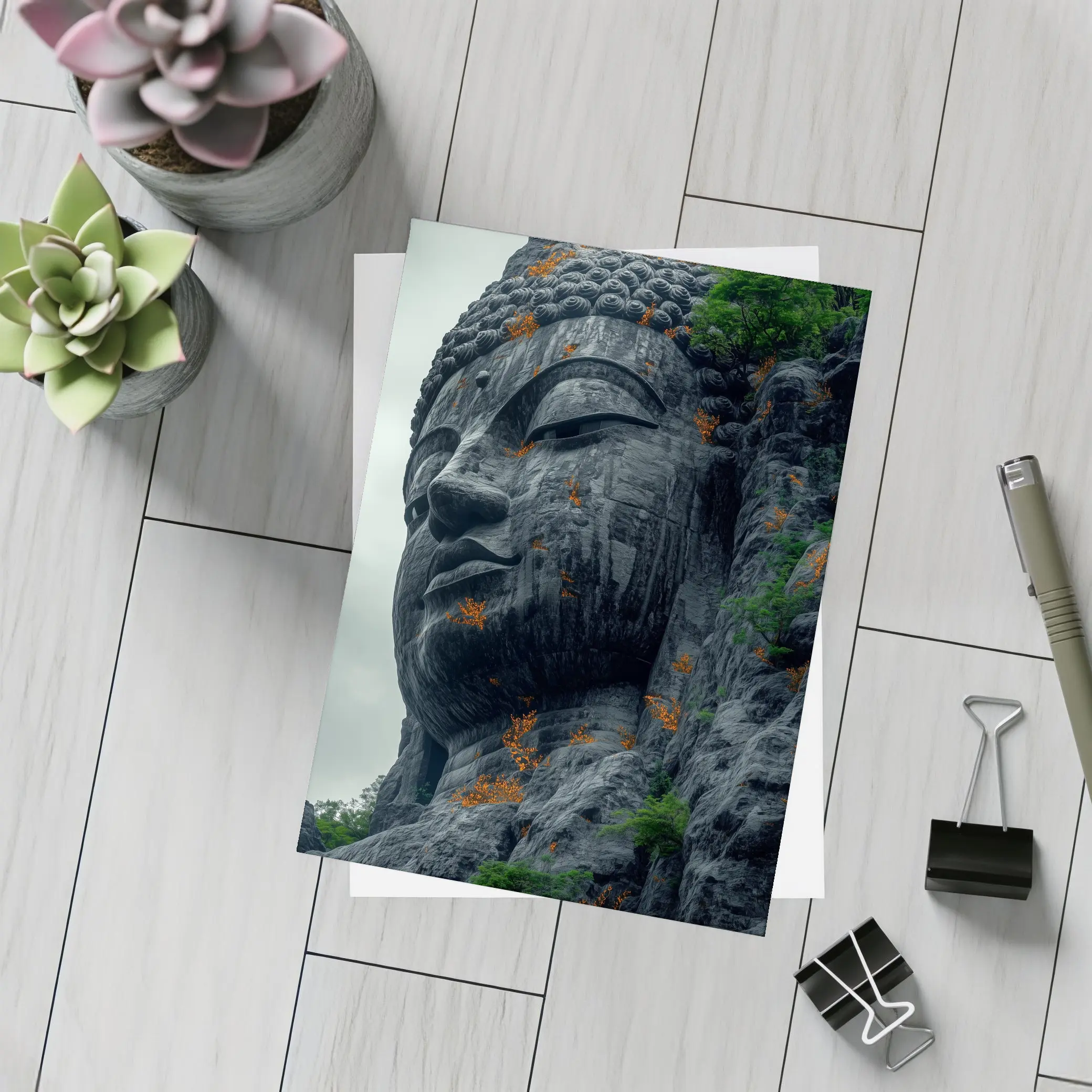 Ancient Buddha Rock Carving Overcast Sky – Postcards