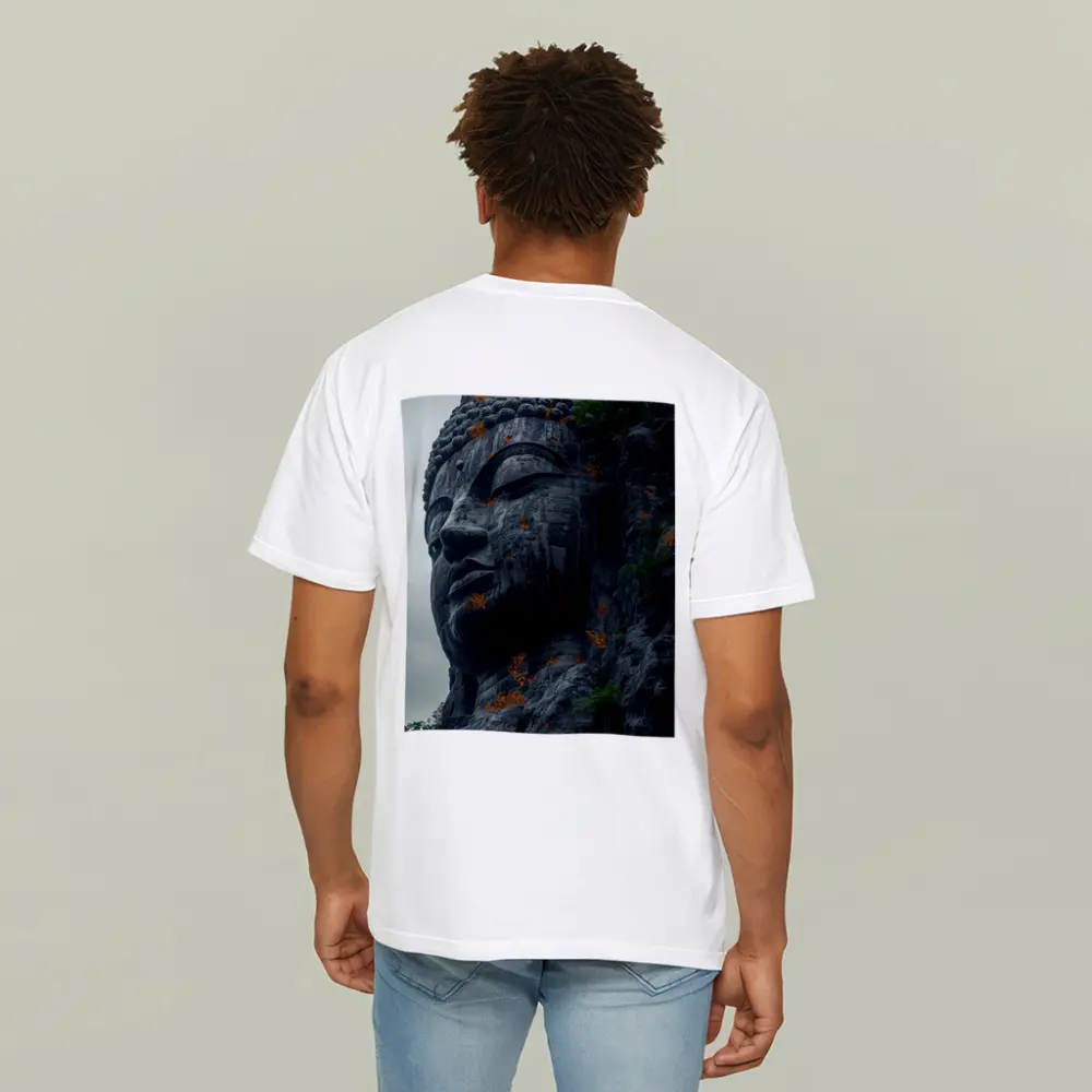 Ancient Buddha Rock Carving Overcast Sky – T-Shirts