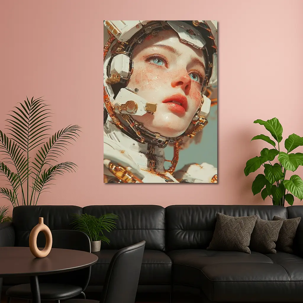 Cyberpunk Female Robot Portrait White Gold – Wall Art