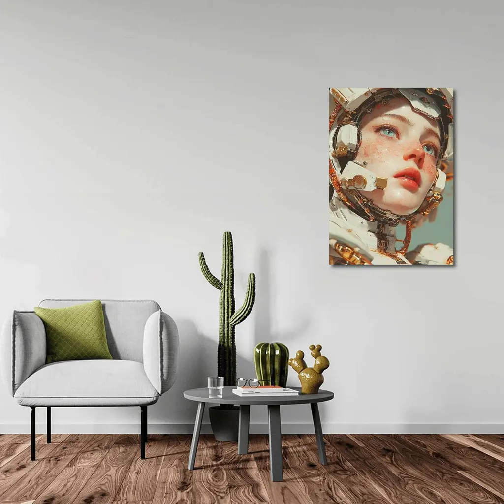 Cyberpunk Female Robot Portrait White Gold – Wall Art