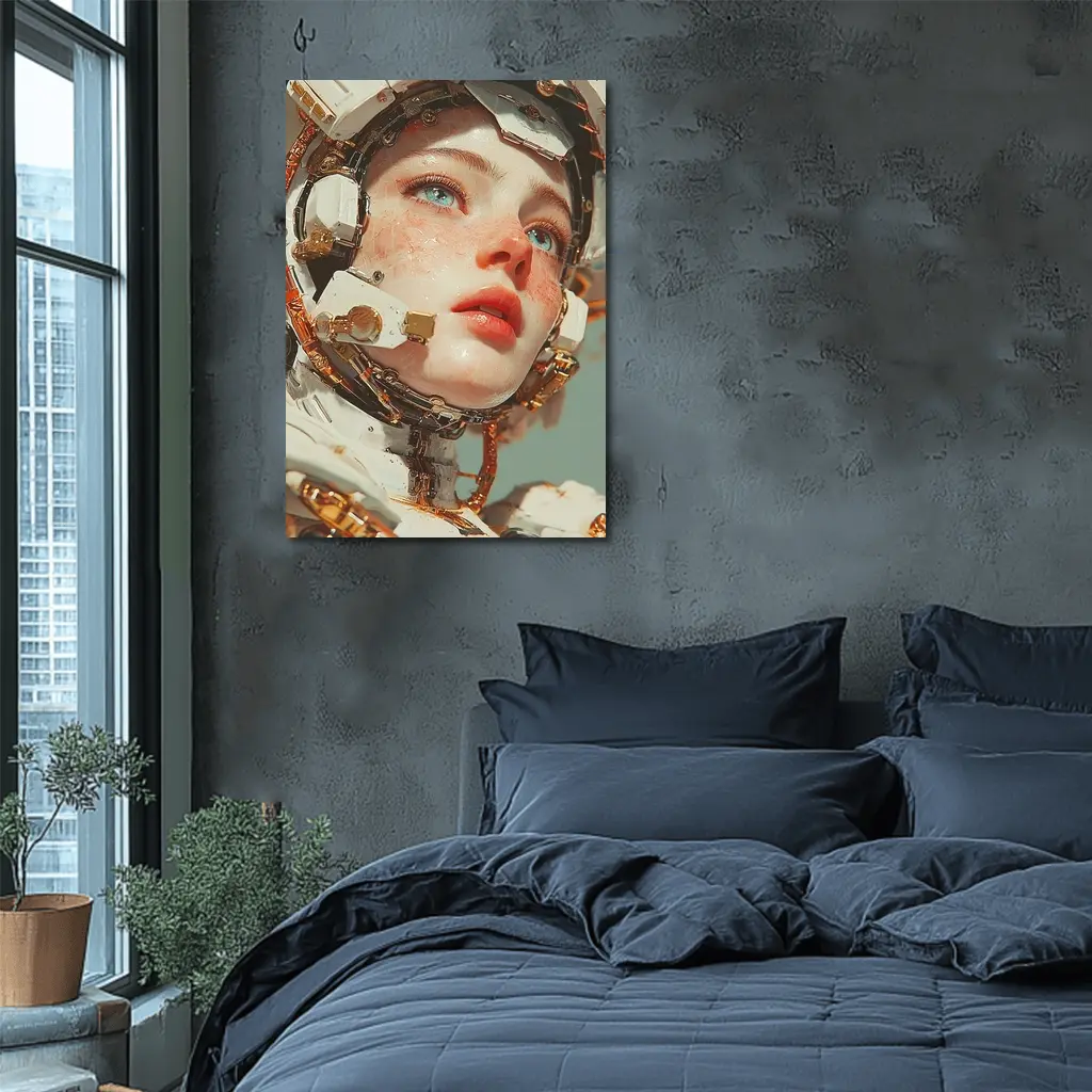 Cyberpunk Female Robot Portrait White Gold – Wall Art