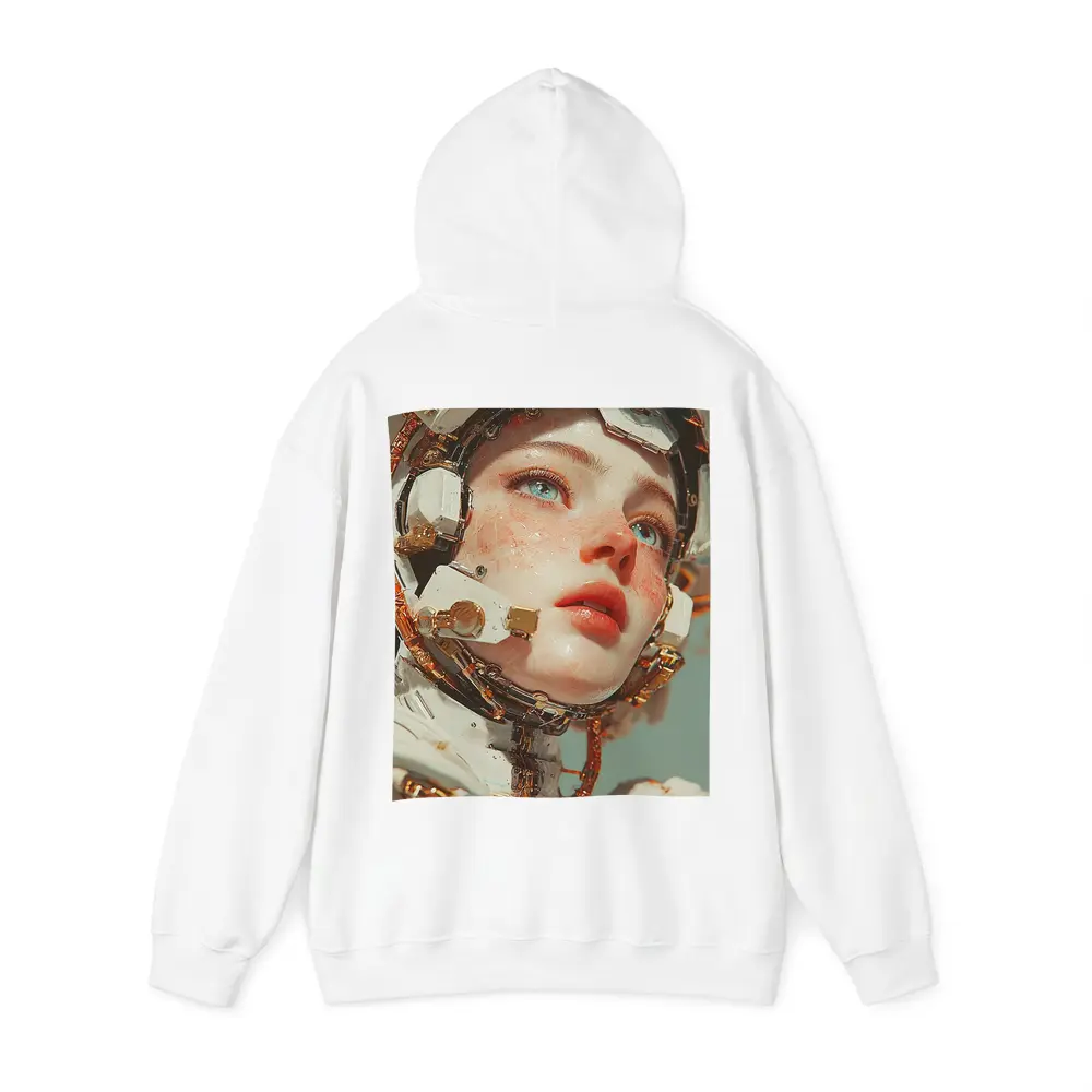Cyberpunk Female Robot Portrait White Gold – Hoodies