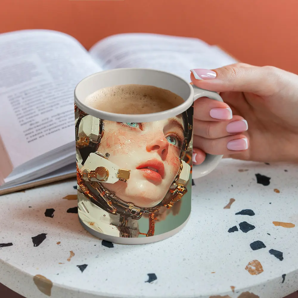 Cyberpunk Female Robot Portrait White Gold – Mugs