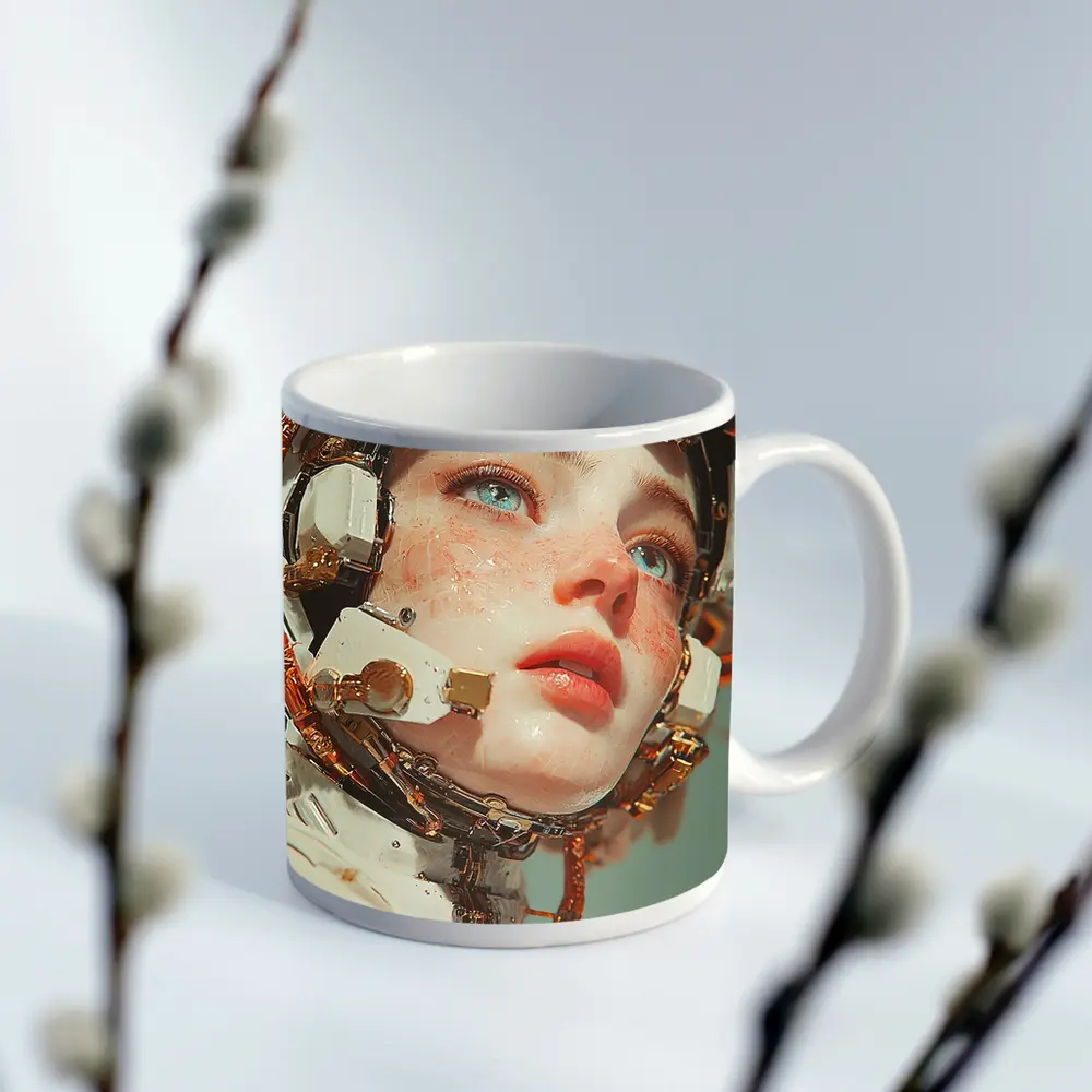 Cyberpunk Female Robot Portrait White Gold – Mugs
