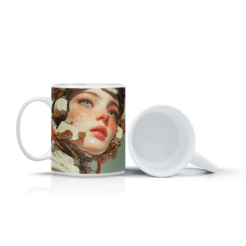 Cyberpunk Female Robot Portrait White Gold – Mugs
