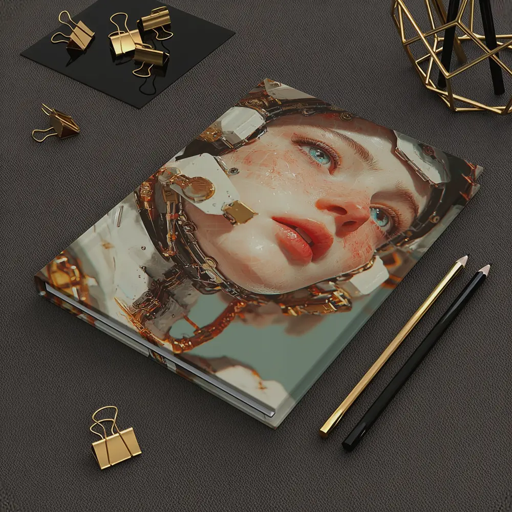 Cyberpunk Female Robot Portrait White Gold – Notebooks