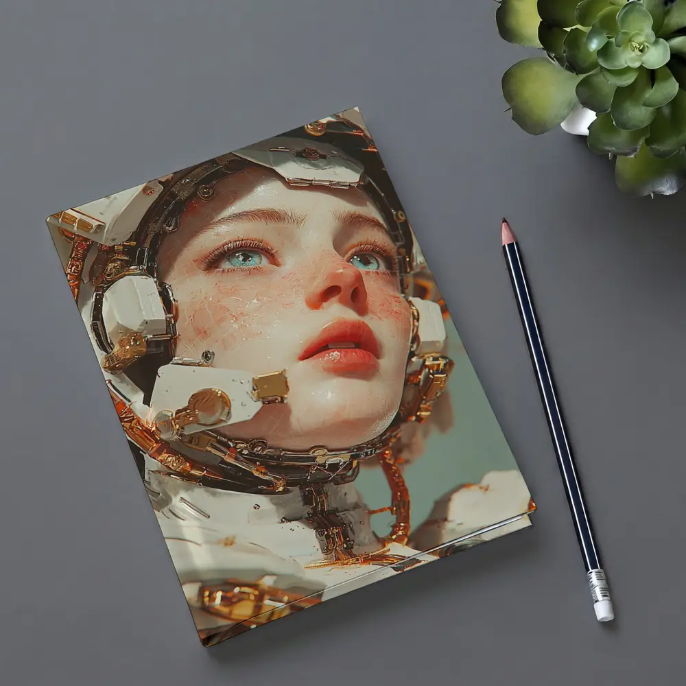 Cyberpunk Female Robot Portrait White Gold – Notebooks