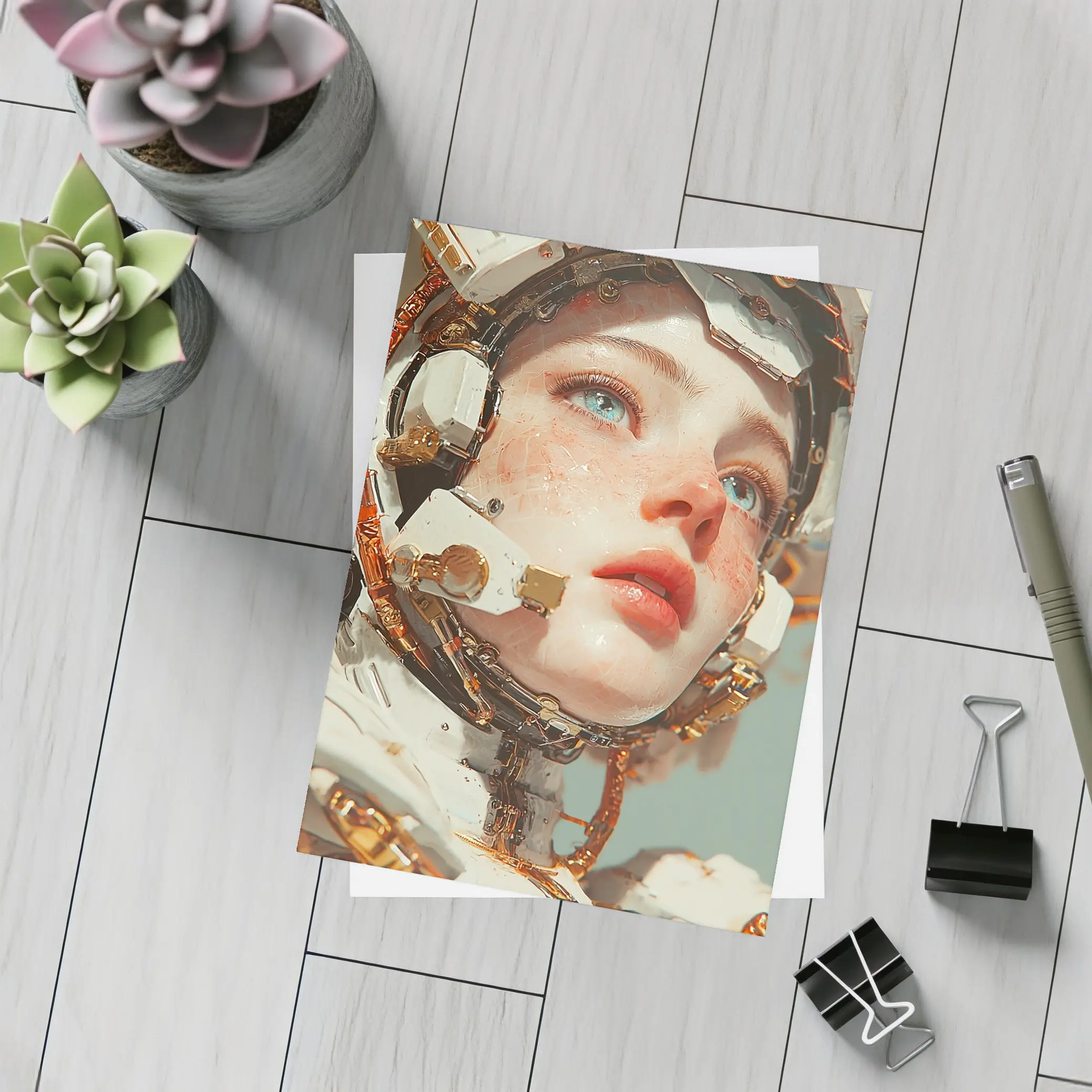 Cyberpunk Female Robot Portrait White Gold – Postcards