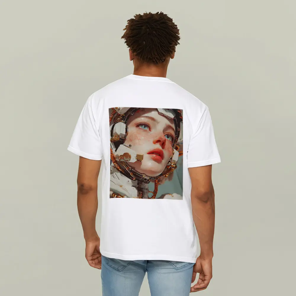 Cyberpunk Female Robot Portrait White Gold – T-Shirts