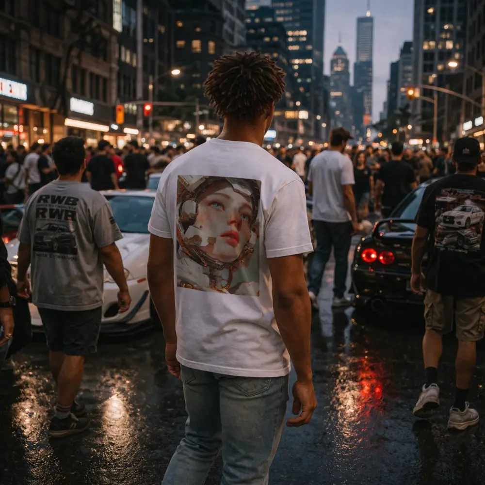 Cyberpunk Female Robot Portrait White Gold – T-Shirts