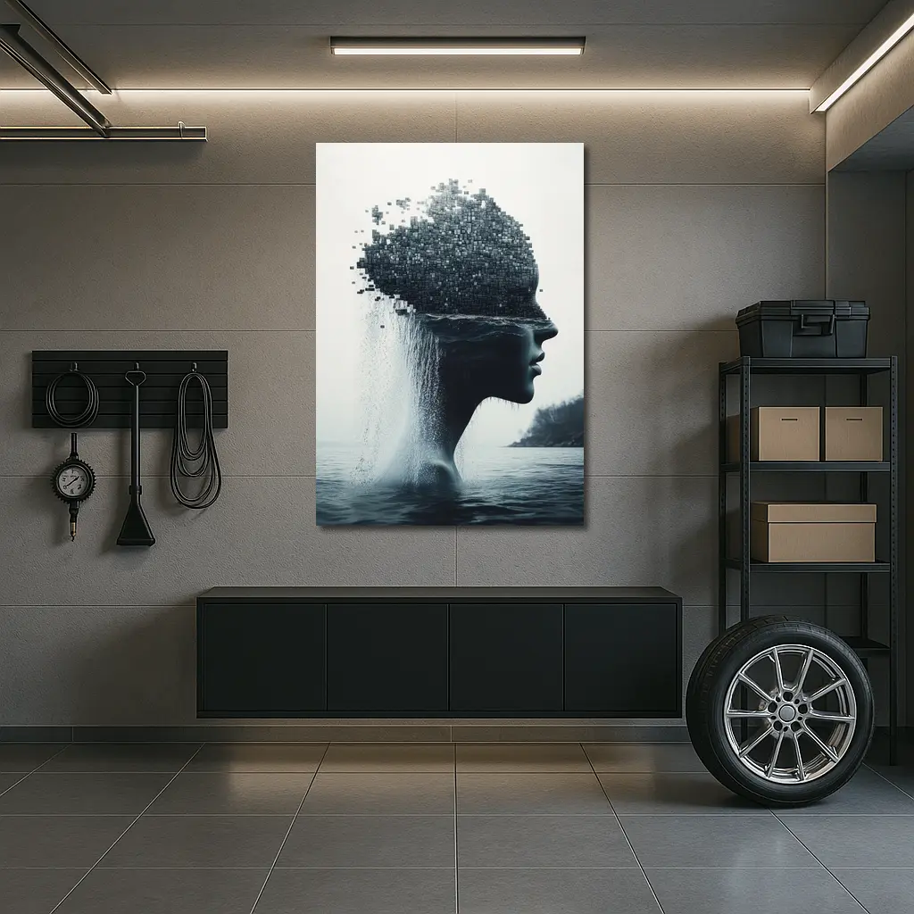 Woman Face Dissolving Into Pixels Over Water – Wall Art