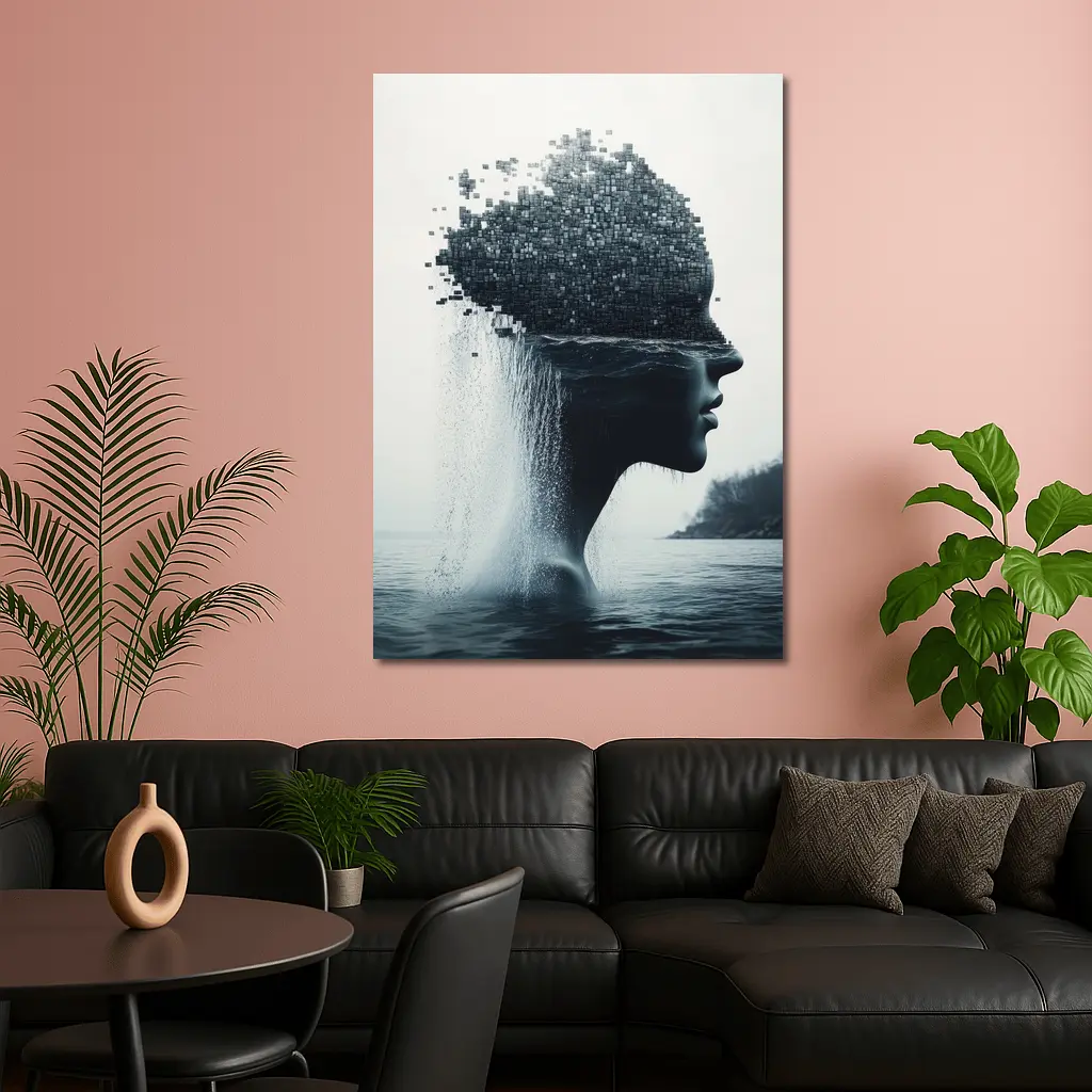 Woman Face Dissolving Into Pixels Over Water – Wall Art