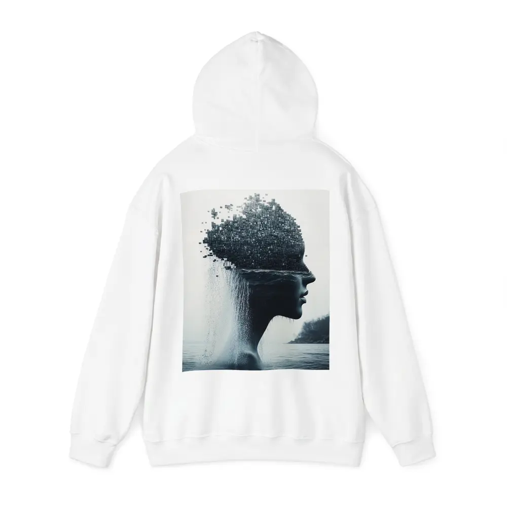 Woman Face Dissolving Into Pixels Over Water – Hoodies