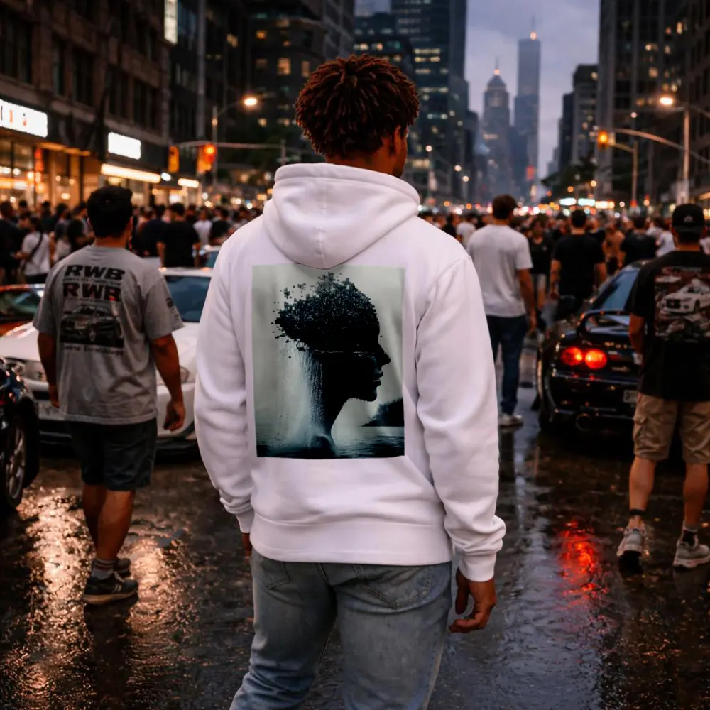 Woman Face Dissolving Into Pixels Over Water – Hoodies