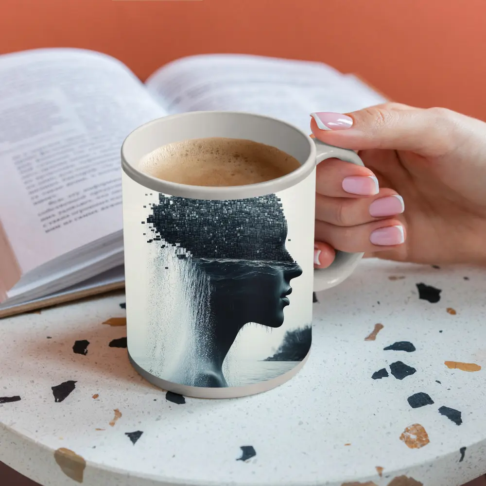 Woman Face Dissolving Into Pixels Over Water – Mugs