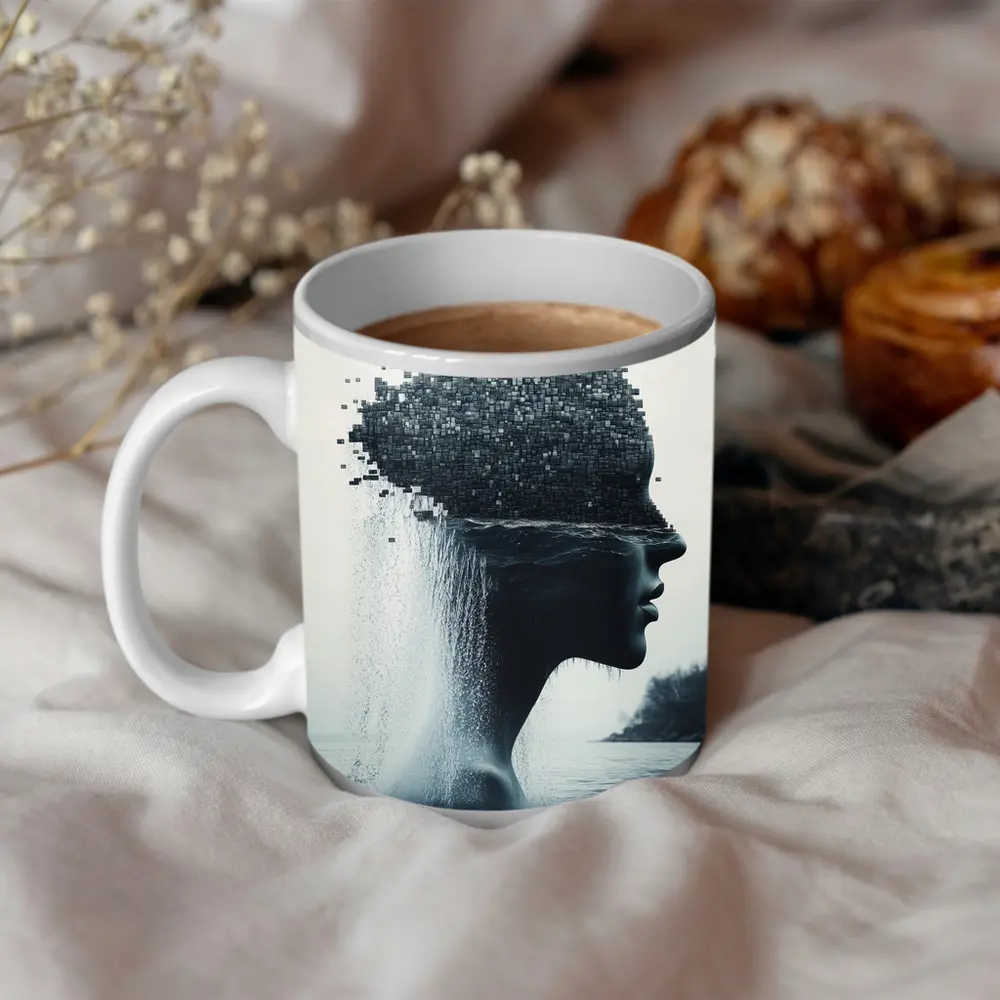 Woman Face Dissolving Into Pixels Over Water – Mugs