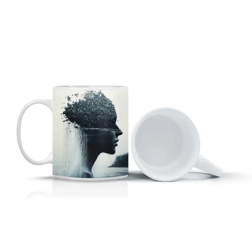 Woman Face Dissolving Into Pixels Over Water – Mugs
