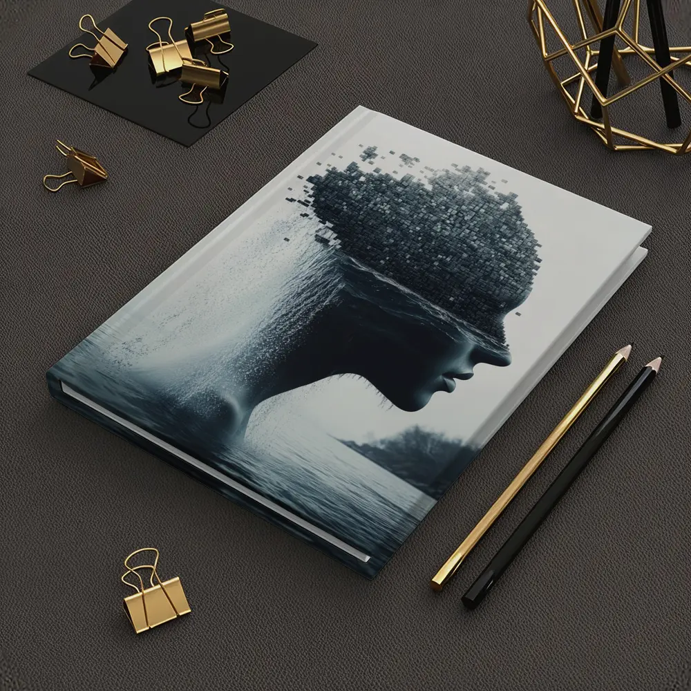 Woman Face Dissolving Into Pixels Over Water – Notebooks