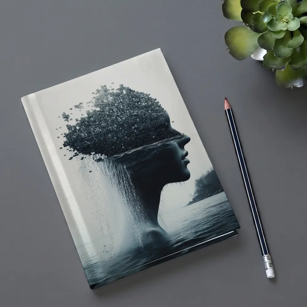 Woman Face Dissolving Into Pixels Over Water – Notebooks