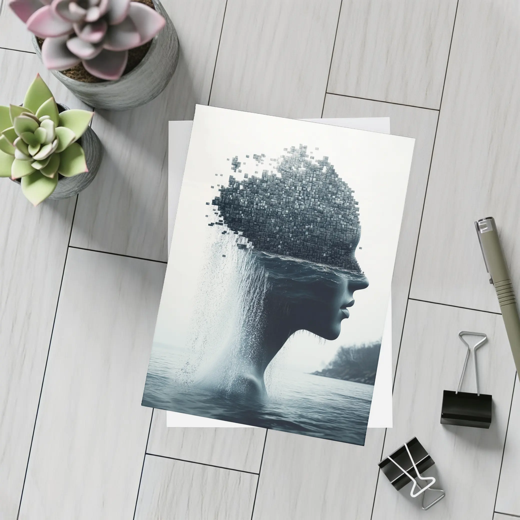 Woman Face Dissolving Into Pixels Over Water – Postcards