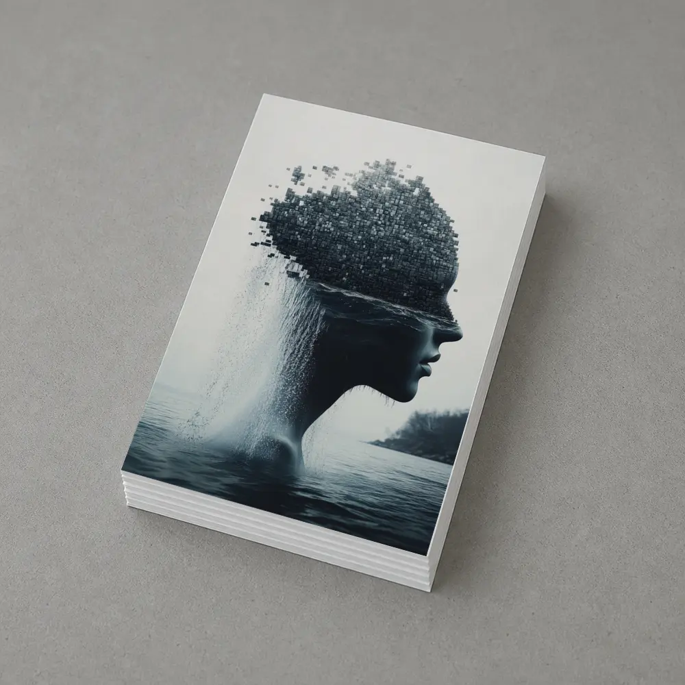 Woman Face Dissolving Into Pixels Over Water – Postcards