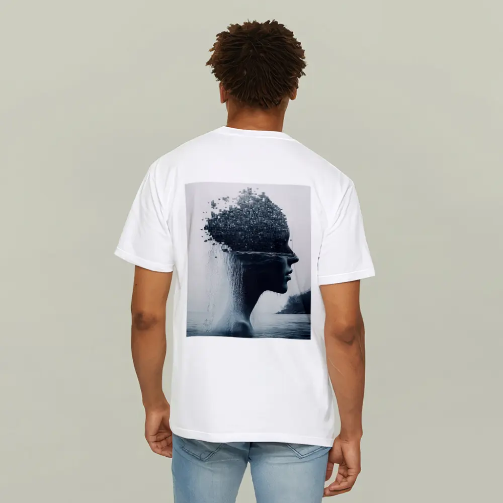 Woman Face Dissolving Into Pixels Over Water – T-Shirts