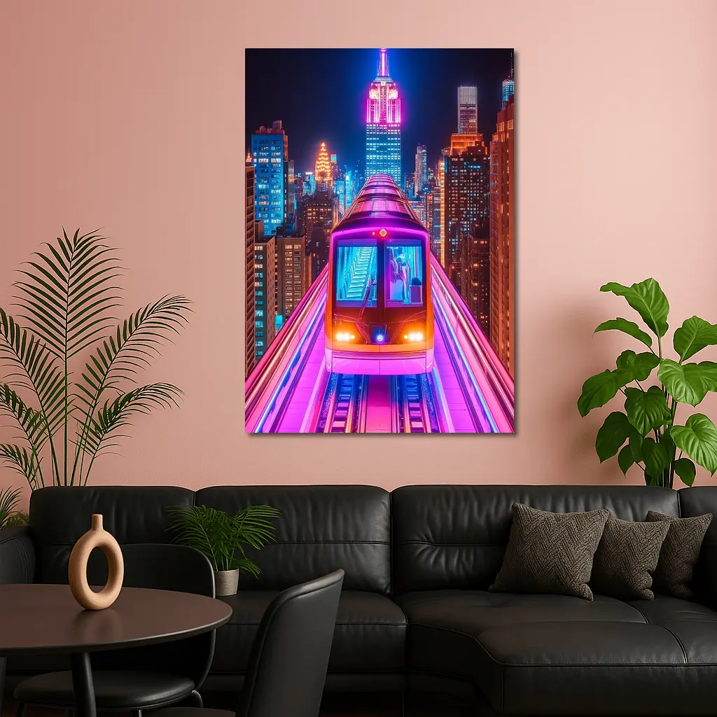 Neon Train Speeding Through New York City Night – Wall Art