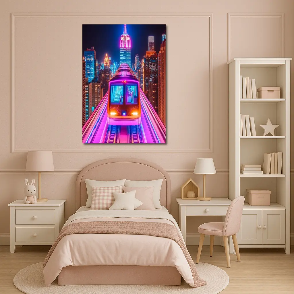Neon Train Speeding Through New York City Night – Wall Art