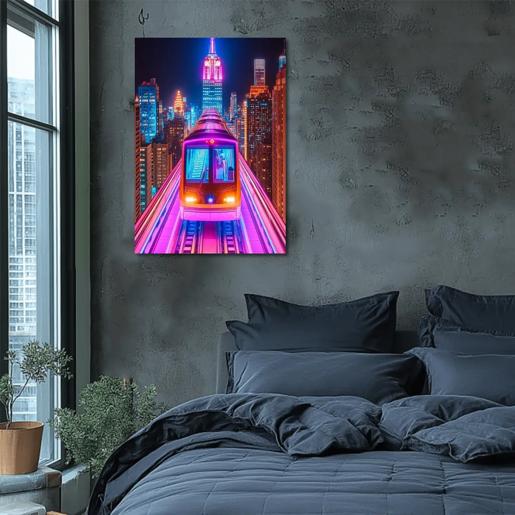 Neon Train Speeding Through New York City Night – Wall Art