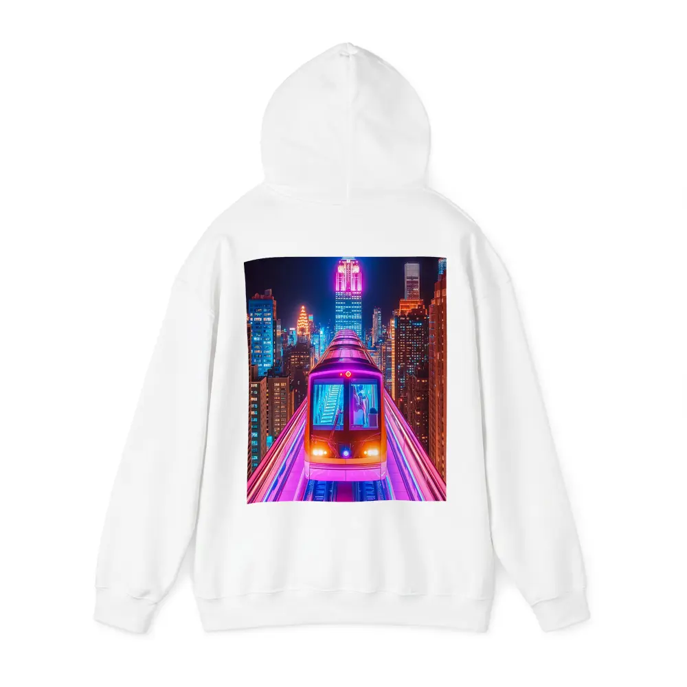 Neon Train Speeding Through New York City Night – Hoodies