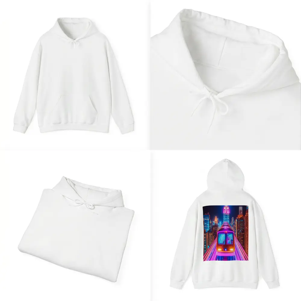 Neon Train Speeding Through New York City Night – Hoodies