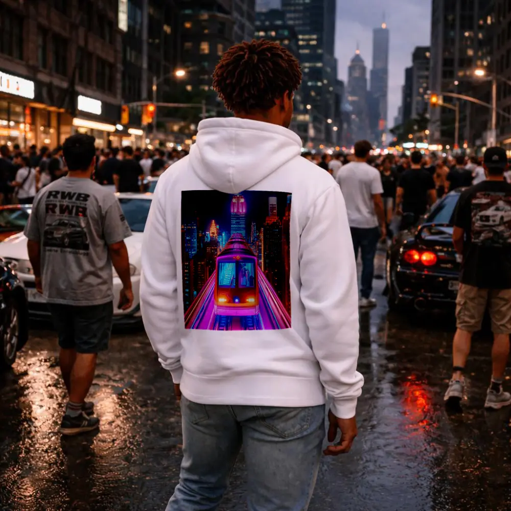 Neon Train Speeding Through New York City Night – Hoodies