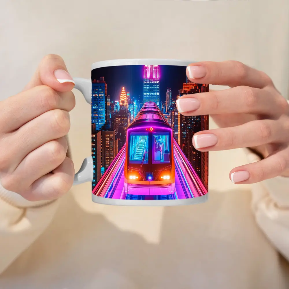 Neon Train Speeding Through New York City Night – Mugs