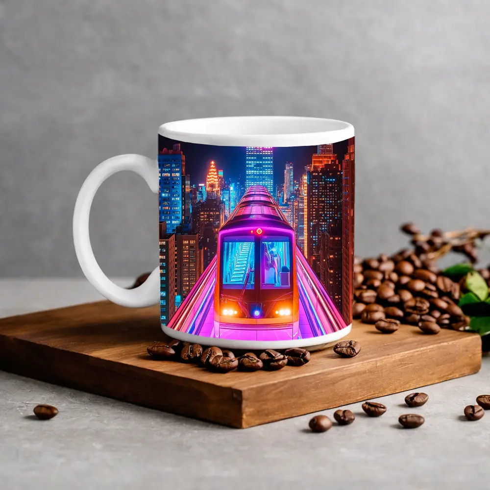 Neon Train Speeding Through New York City Night – Mugs