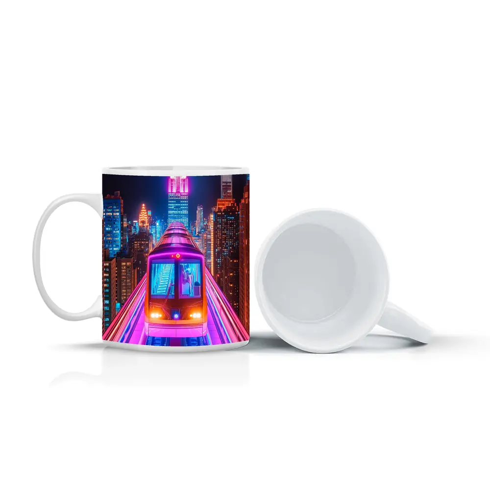 Neon Train Speeding Through New York City Night – Mugs