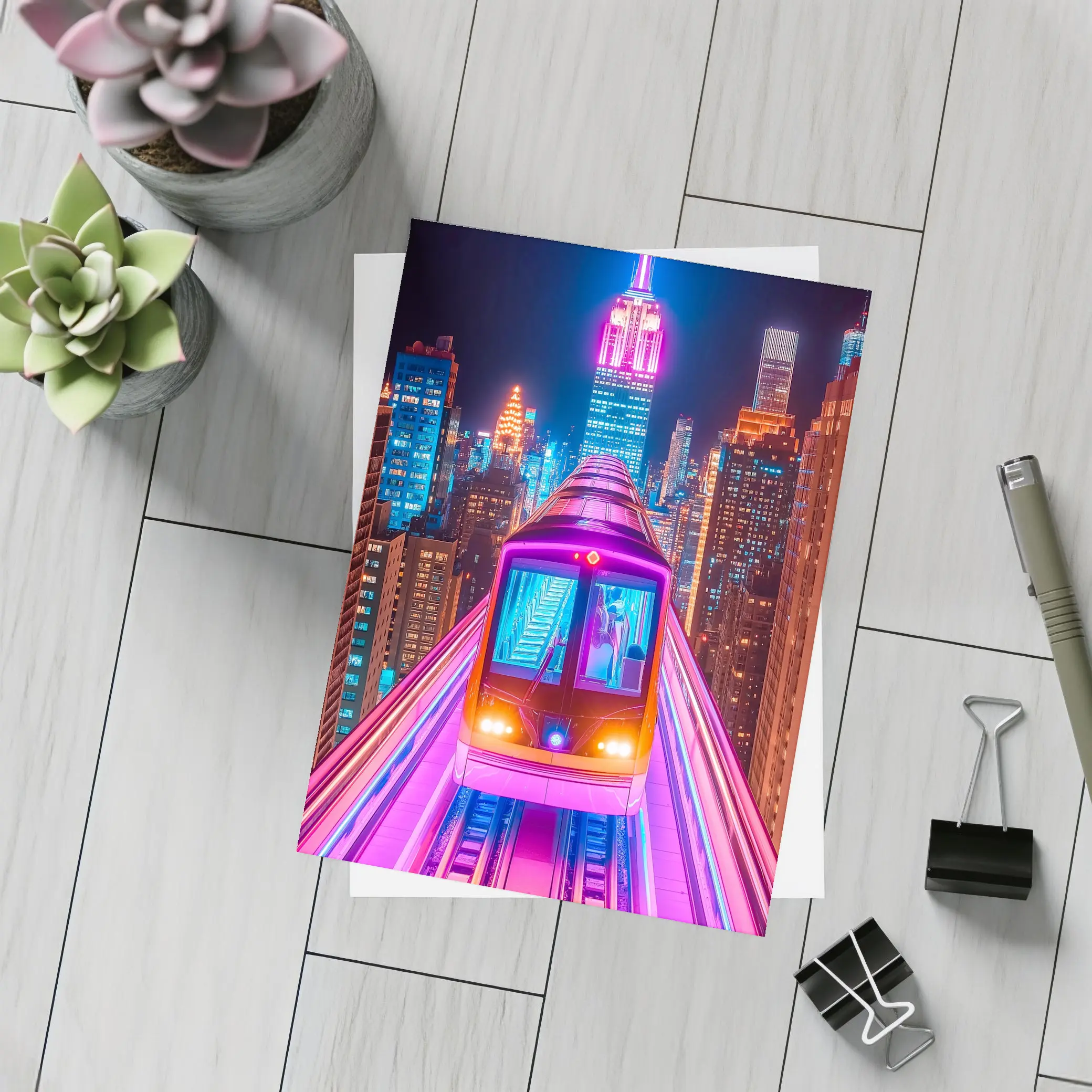 Neon Train Speeding Through New York City Night – Postcards