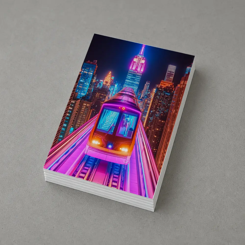 Neon Train Speeding Through New York City Night – Postcards
