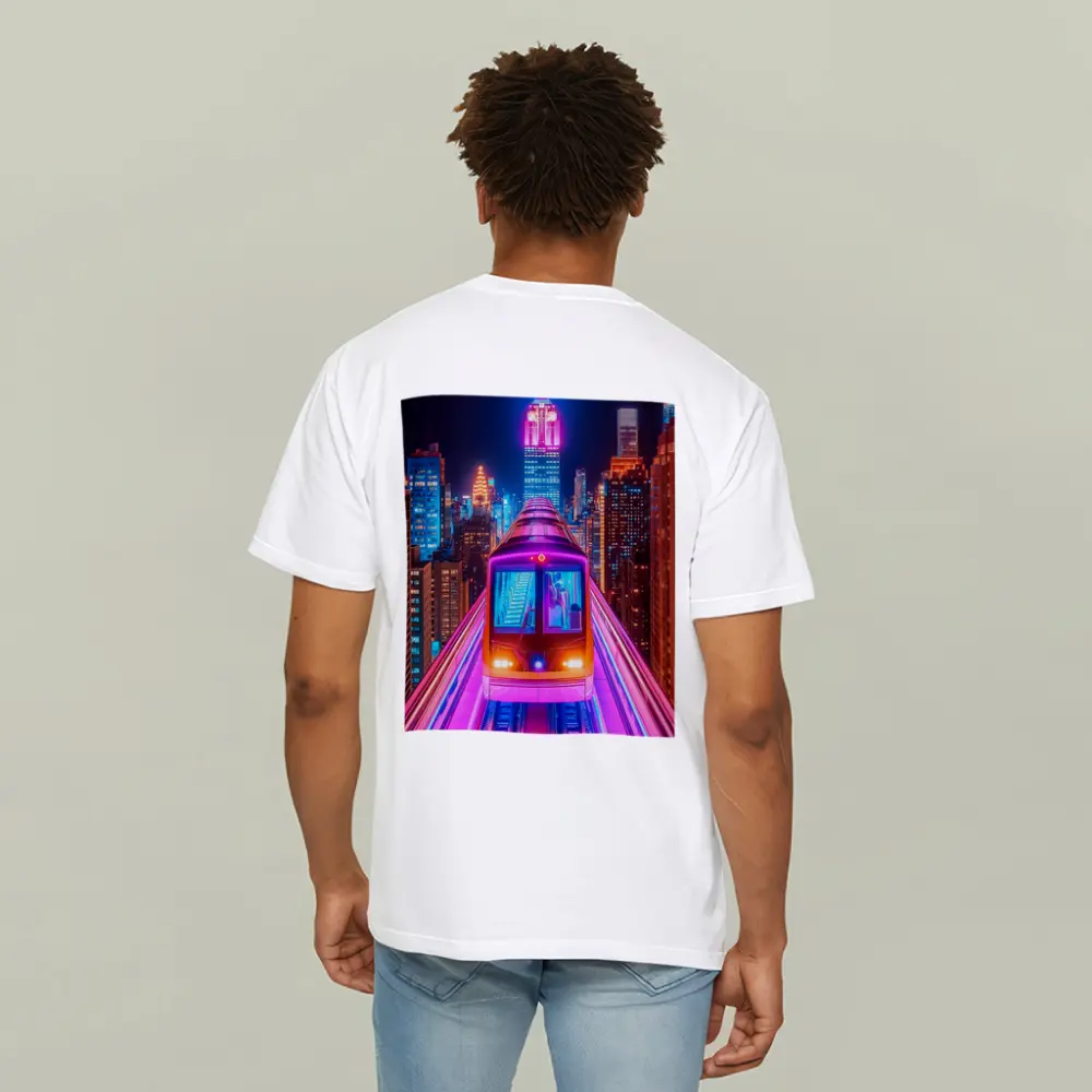 Neon Train Speeding Through New York City Night – T-Shirts