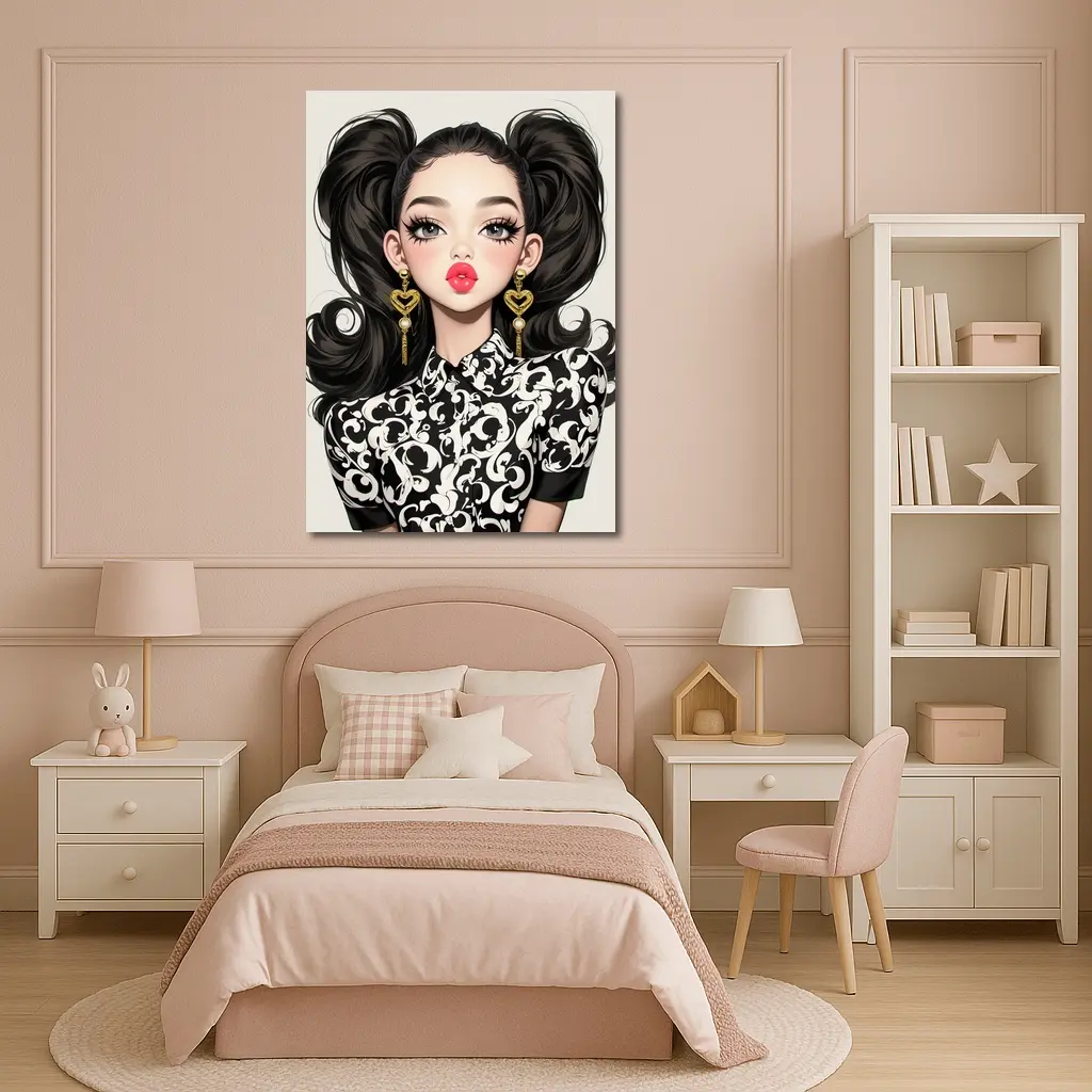 Fashion Girl Portrait Black White Baroque Style – Wall Art