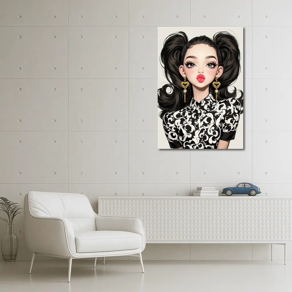 Fashion Girl Portrait Black White Baroque Style – Wall Art
