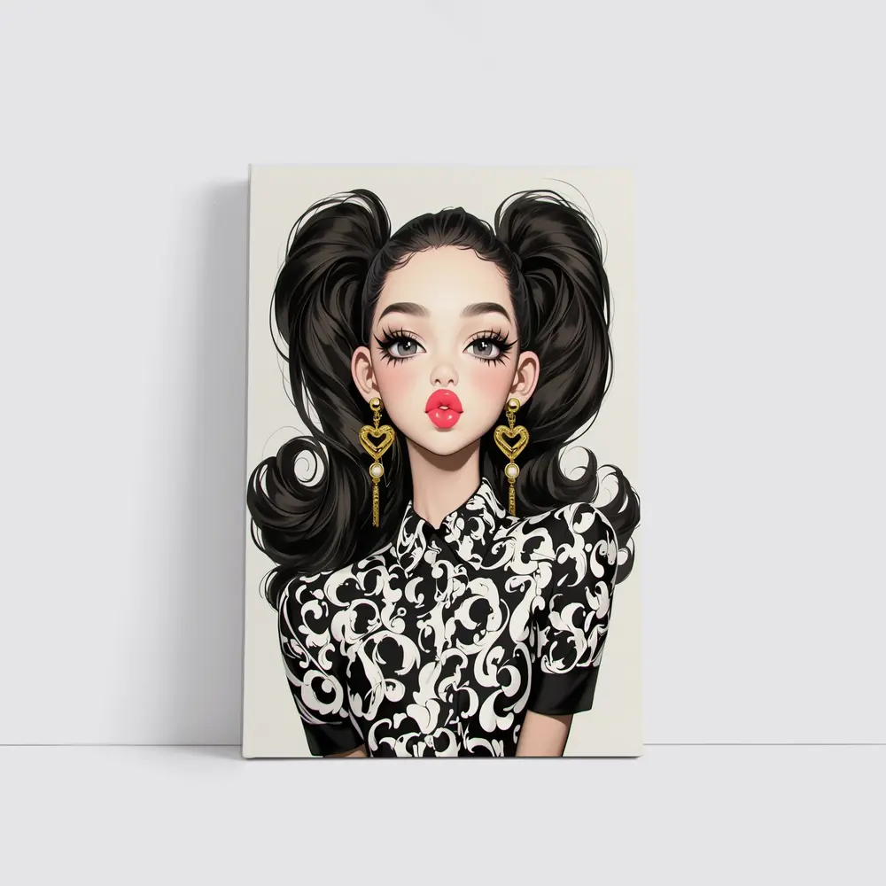 Fashion Girl Portrait Black White Baroque Style – Wall Art