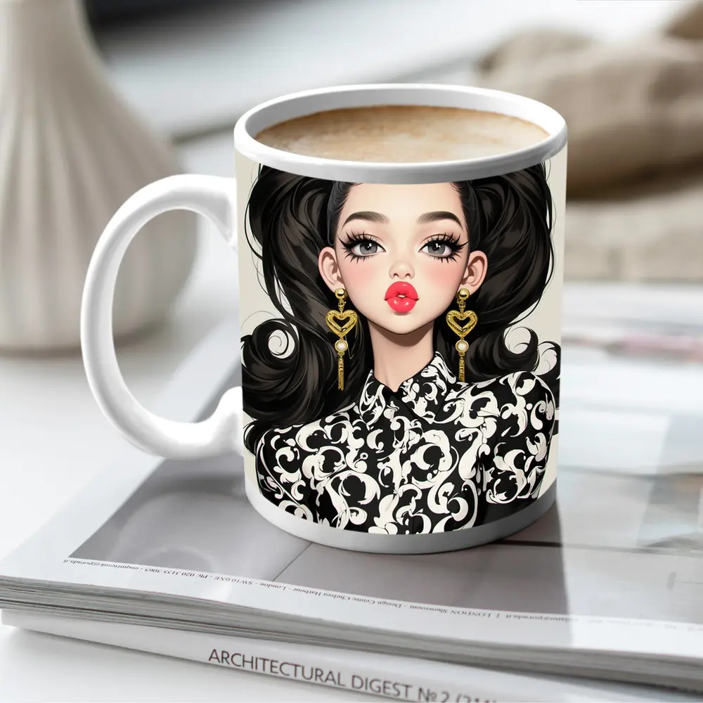 Fashion Girl Portrait Black White Baroque Style – Mugs