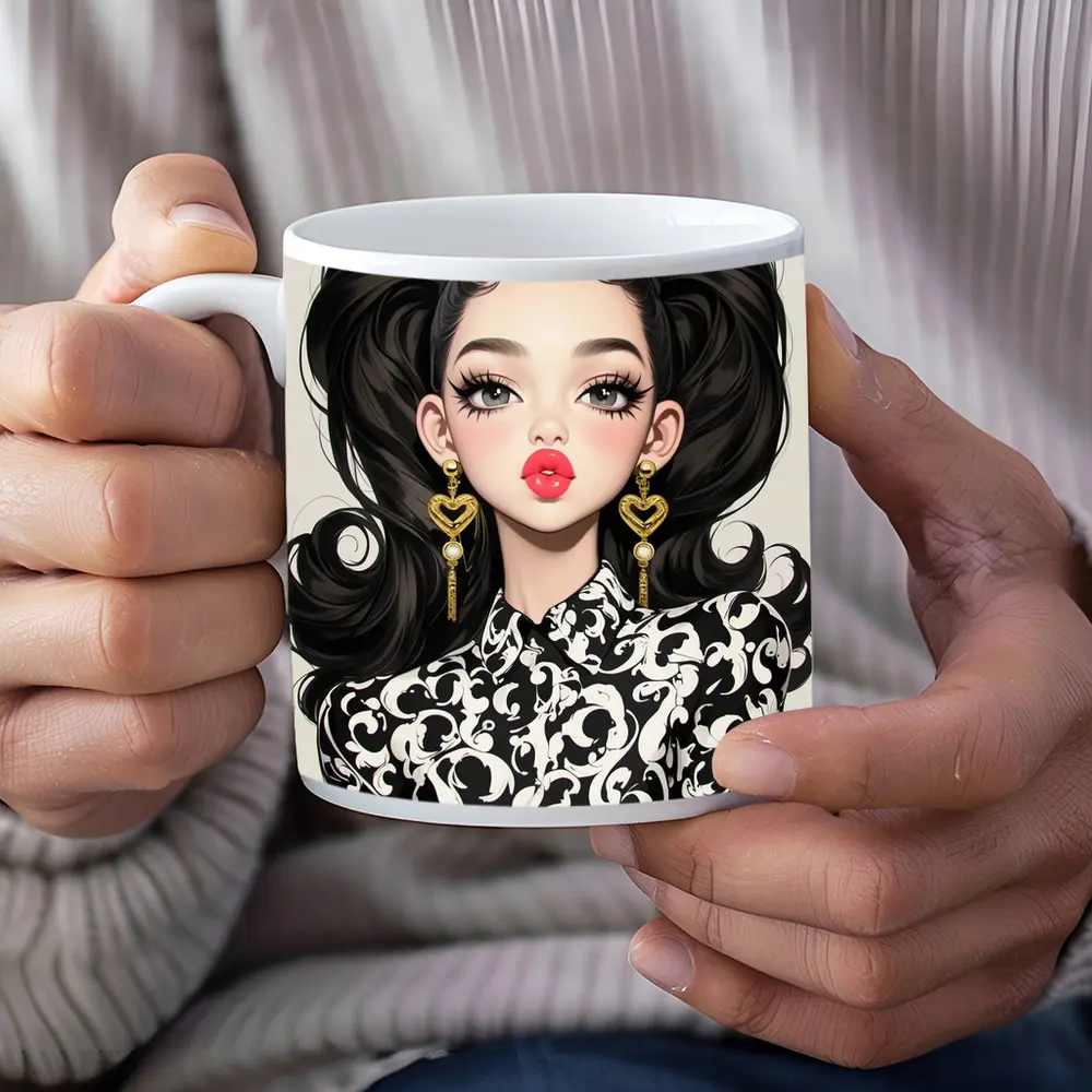 Fashion Girl Portrait Black White Baroque Style – Mugs