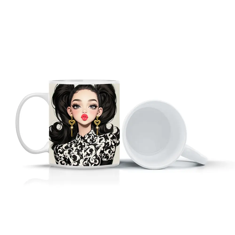 Fashion Girl Portrait Black White Baroque Style – Mugs