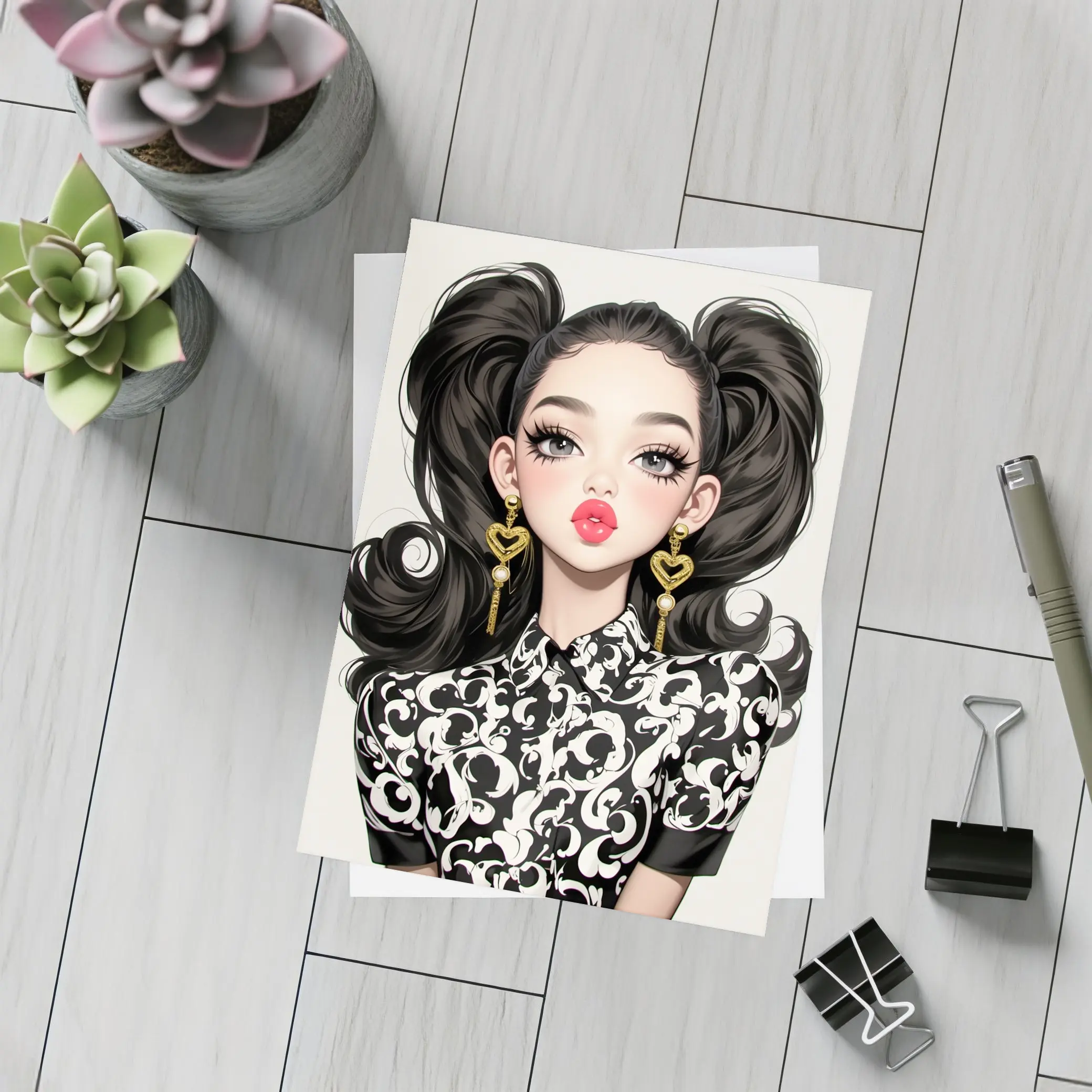 Fashion Girl Portrait Black White Baroque Style – Postcards