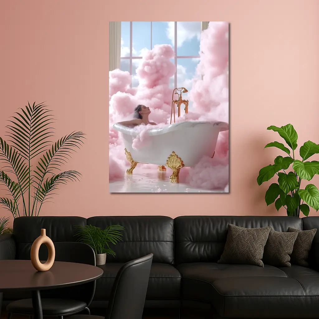 Woman Bathing Pink Clouds Gold Clawfoot Tub – Wall Art