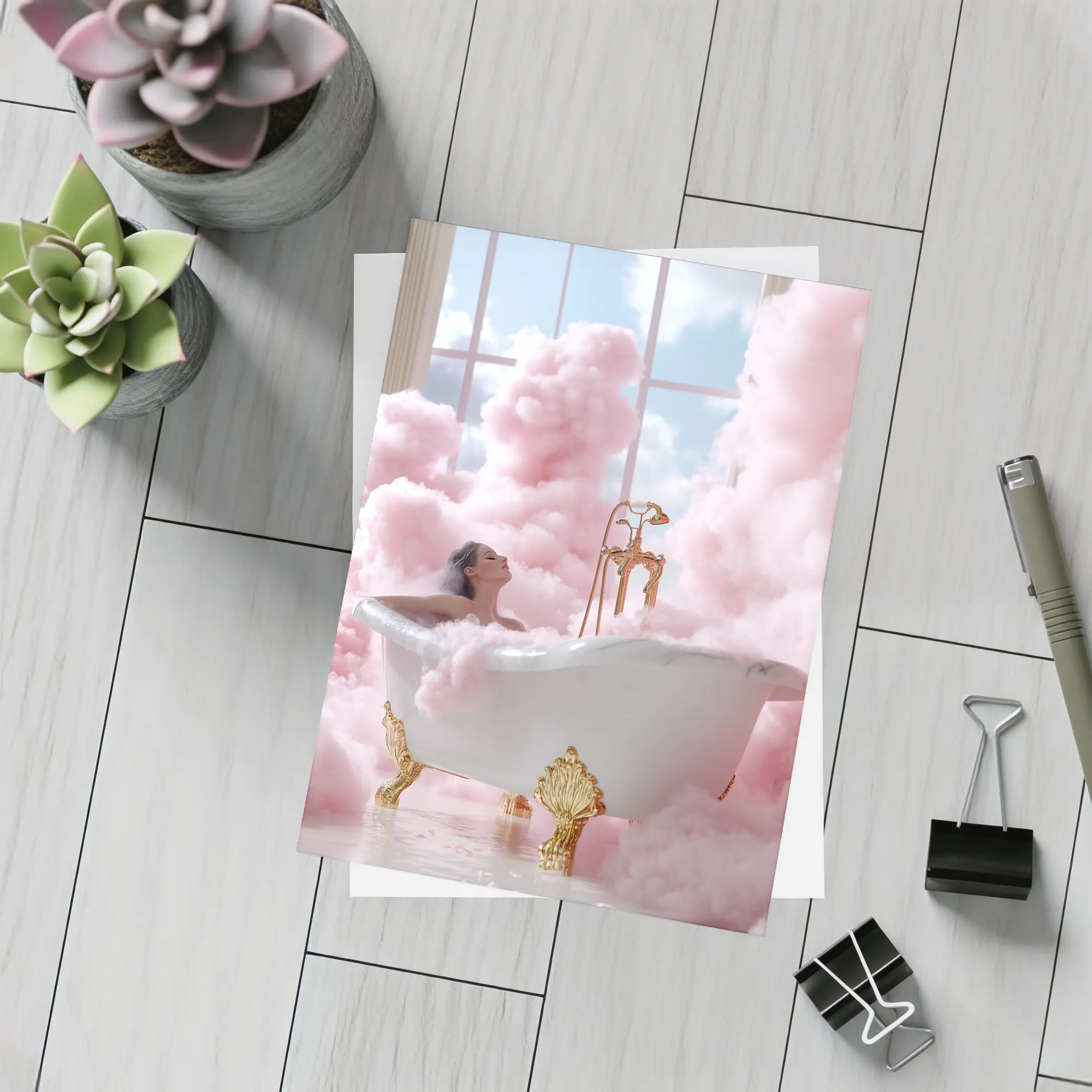 Woman Bathing Pink Clouds Gold Clawfoot Tub – Postcards