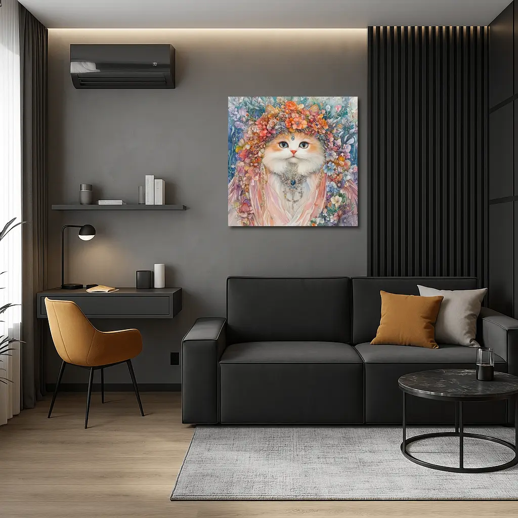 White Cat Floral Crown Watercolor Art – Wall Art
