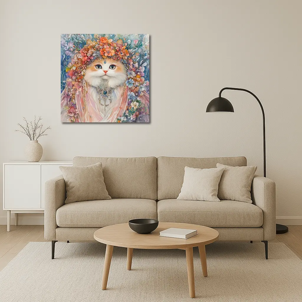 White Cat Floral Crown Watercolor Art – Wall Art